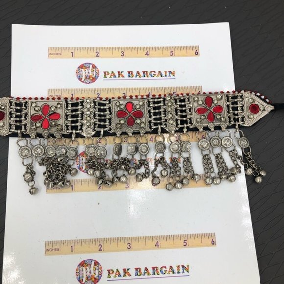 Tribal Glass Stones Choker Necklace With Dangling Tassels, Silver Kuchi Choker - Picture 4 of 8